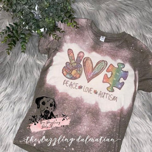 Peace, Love, & Autism bleached t-shirt